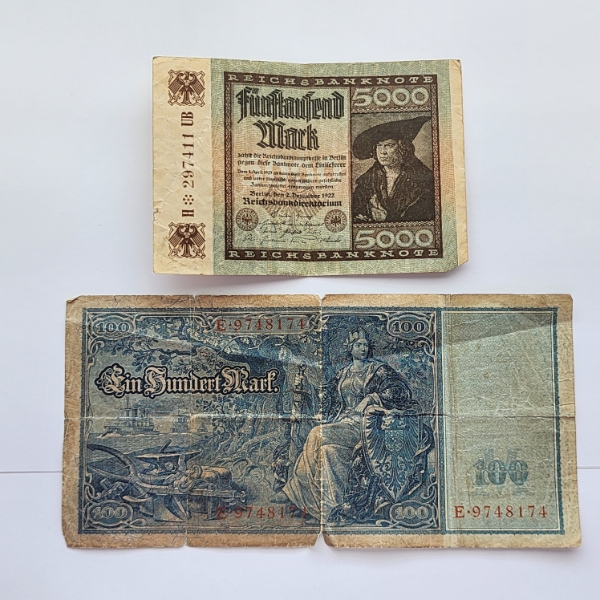 Two German Banknotes - 1910 100 Mark & 5000 Mark - Reichsbanknotes German Currency 