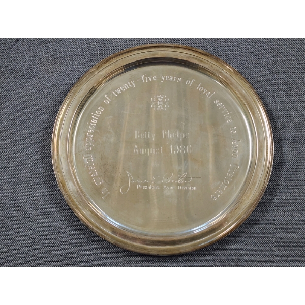 Tiffany & Co. Makers Sterling Silver Avon Service Award Plate Weighing 274.3 Grams - Awarded in 1986