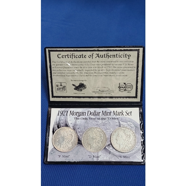 1921 90% Silver Morgan Dollar (3) Mint Mark Set With COA In  The American Heritage Mint Display