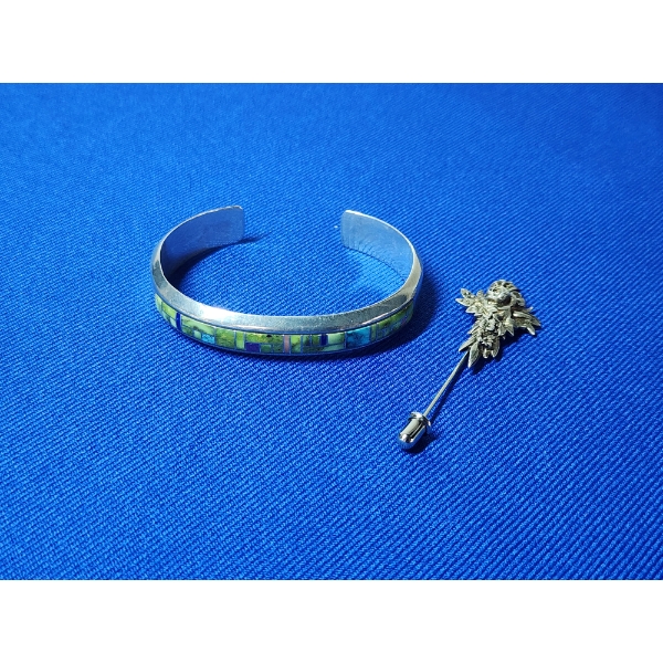 Sterling Silver Flower Stick Pin and Stone Cuff Bracelet TW: 37.3 grams