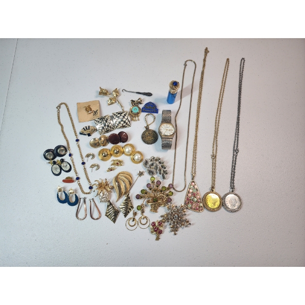 Assorted Costume Jewelry: Pins, Necklaces, Watch, Earrings, Vintage Perfume Bottle