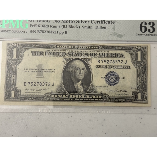 1935 United States One Dollar Bill - No Motto - Silver Certificate - PMG MS 63 - Investment Grade