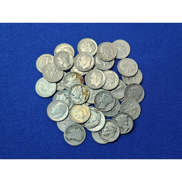 Assorted Years 90% Silver Roosevelt and Mercury Dimes - Face Value: $3.80