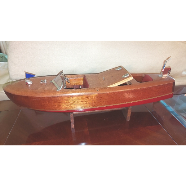 Custom Hand Carved Vintage Wooden Speedboat With Motor - Appears To be Working Model - Pics