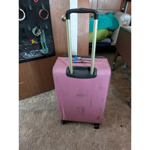 Purple Wheeled Suitcase, Small Backpack And Purses