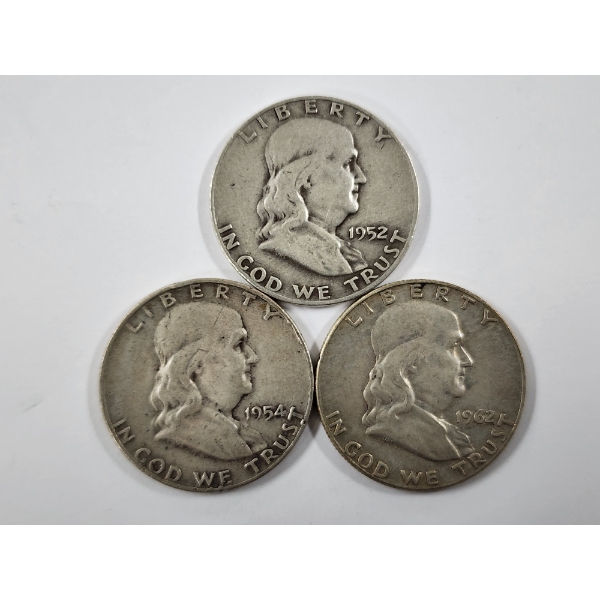Three 90% Silver United States Franklin Half Dollars ~ 1952-D, 1954-D & 1962-D ~ $1.50 Face Value