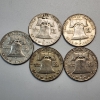 Image 2 : Five 1952-D United States 90% Silver Franklin Half Dollars - FV: $2.50