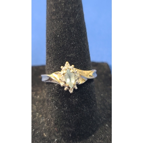 10K Vintage Marquise-Cut Aquamarine And Diamond Ring - Size 7 - Weight: 2.0g