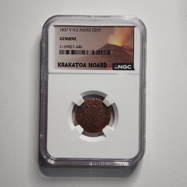 NGC Genuine 1837 V N.E. Indies Cent Recovered from The Krakatoa Hoard ~ Historic Volcanic Eruption! 