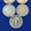 Image 3 : Five Assorted United States 90% Silver Quarters: Washington, Standing Liberty, & Barber FV: $1.25