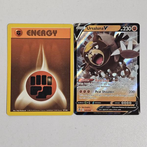 Pokémon TCG: Ursaluna V 102/195 Holo Rare & Fighting Energy 97/102 Vintage 1999 Base Set Card