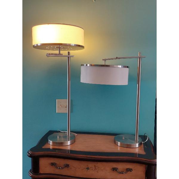 MCM Pr Of Brushed Steel Art Deco Table Lamps (Positionable) As Shown  32" Tall Overall - 14" Shade D