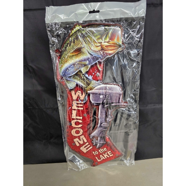 Fishing "Welcome to the Lake" Metal Cutout Hanging Sign - Brand New - Approx. 1ft. 8in tall