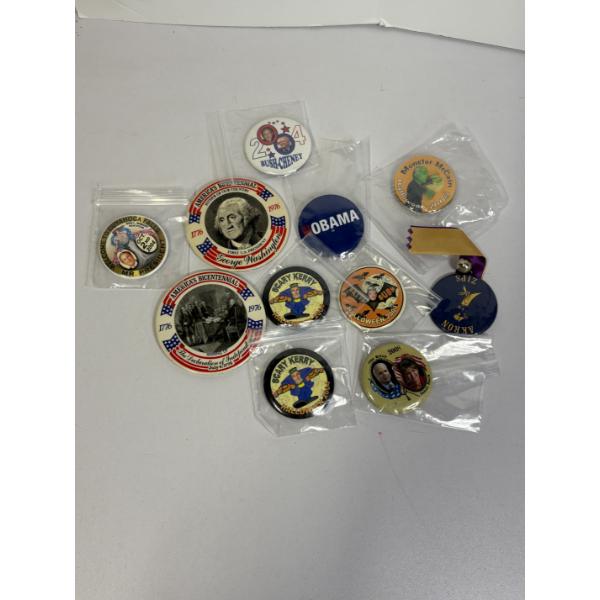 Political Buttons (11 total)  - NOBAMA - Scary Kerry - America's Bicentennial George Washington 