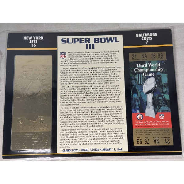 Authentic 1969 Super Bowl III NFL Football Ticket & 24K Gold Plated Ticket - Mint Condition