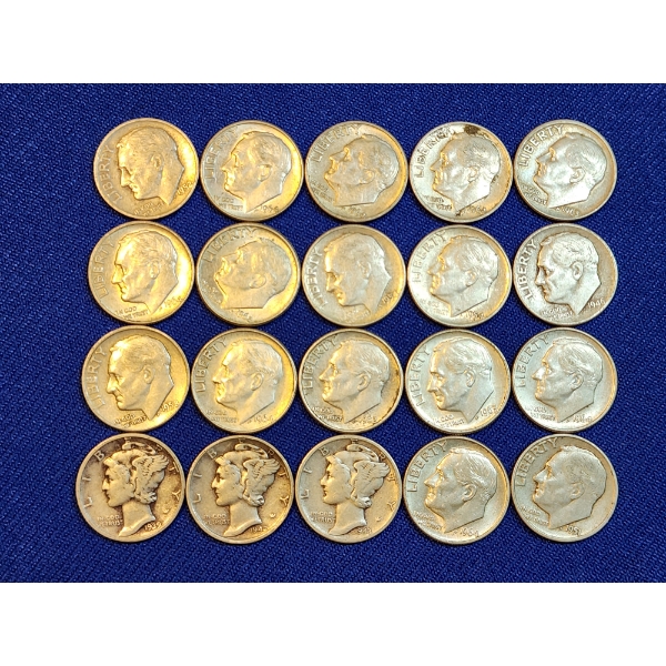 Assorted 90% Silver Roosevelt and Mercury Dimes - Face Value $2.00