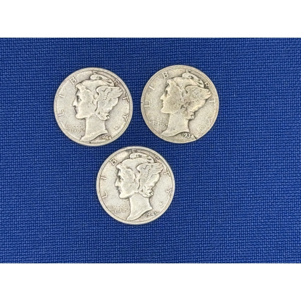 Lot of 3 United States Mercury Dimes - 90% Silver - Yrs. 1934, 1944, 1945