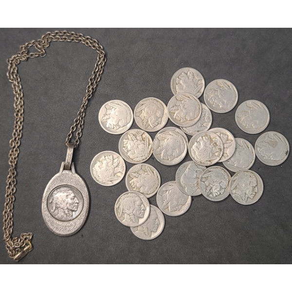 Assorted Years/Mint Marks U.S Buffalo Nickels & 1927 Buffalo Nickel In Necklace Bezel - FV: $1.15