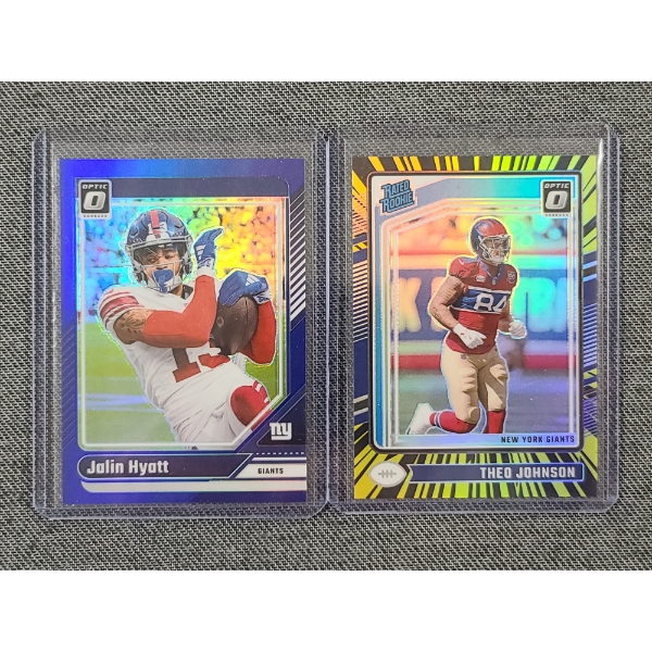 Two New York Giants NUMBERED Trading Cards - Jalin Hyatt 116/199 & Theo Johnson 65/75