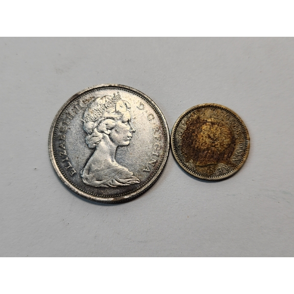 2 Silver Foreign Coins: 1965 Silver Canadian 50-Cent ASW: .3oz / 1937 British Six Pence ASW: .0455oz