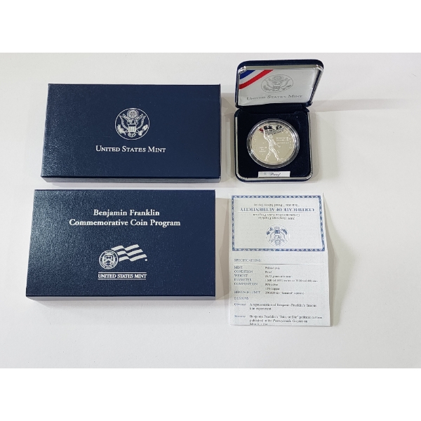 Benjamin Franklin Commemorative Silver Coin - 90% Silver Proof Coin - Original Box & CoA