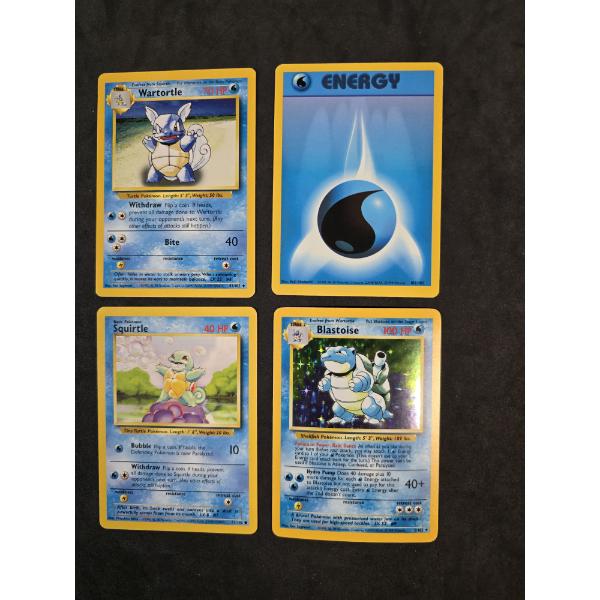 (4) Pokemon Cards incl Blastoise, Squirtle63/102 , Wartortle & Energy (4) Pokemon Cards