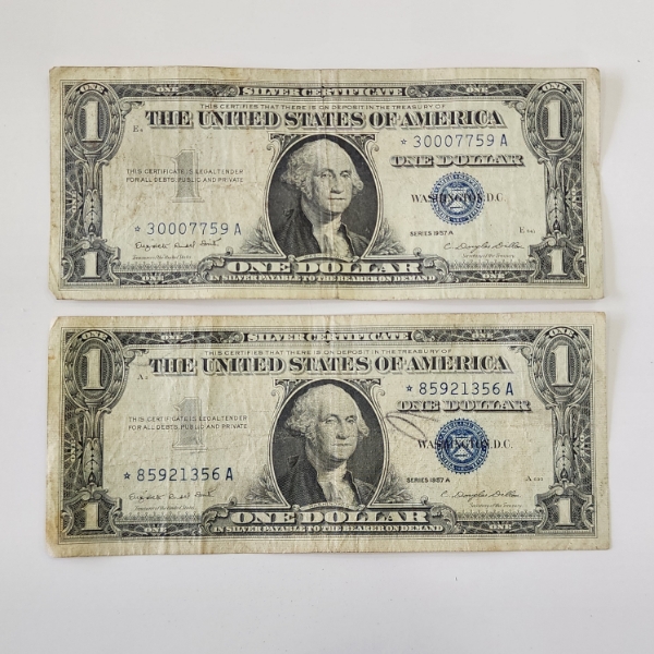TWO United States Series 1957 A Blue Seal *STAR NOTES* $1 Silver Certificates - Face Value $2.00