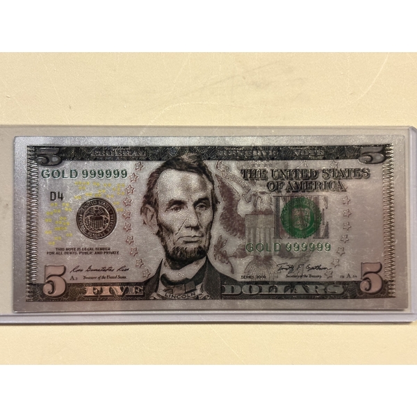 Incredible .99999 Silver $5.00 Foil Note In Protective Holder - Mint Condition