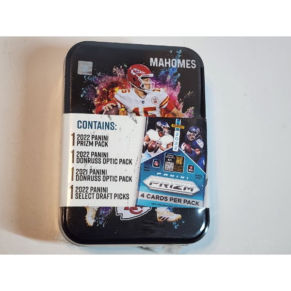 2022 Panini Prizm Patrick Mahomes NFL Collector's Tin Ft. Four Sealed Packs of Football Cards