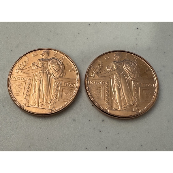 2 - American Walking Liberty .999 Fine Copper One Troy Ounce Coins