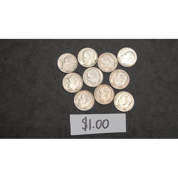 Assorted Years/Mint Marks 90% Silver Roosevelt Dimes - Face Value: $1.00