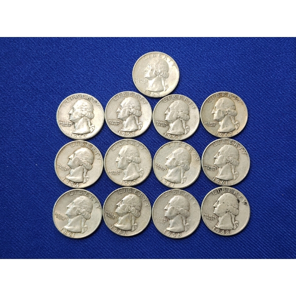 Lot of 13 Assorted Years 90% Silver Washington Quarters - Face Value: $3.25