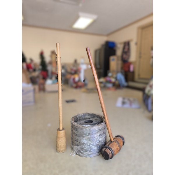 Very Old Flat Belt Pulley 14" (Could not be confirmed as Antique), Wooden Mallet, and Vintage Wooden