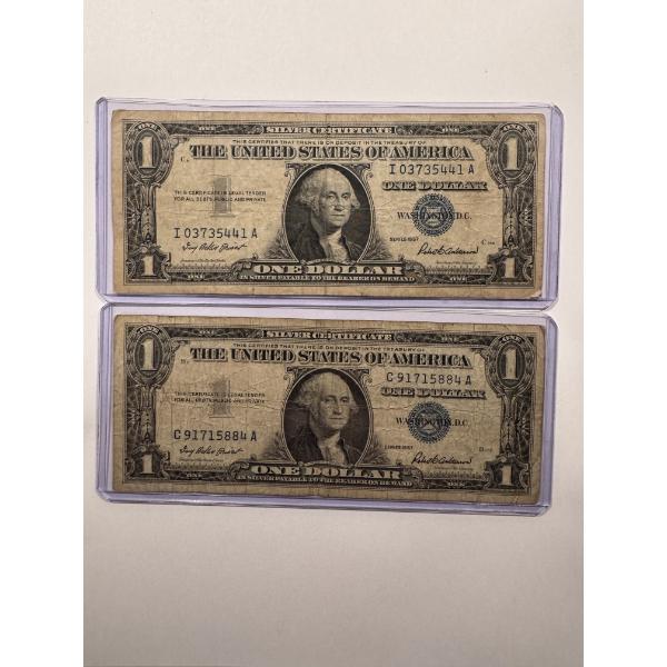 2 - 1957 United States Washington One Dollar Silver Certificates In Protective Holders