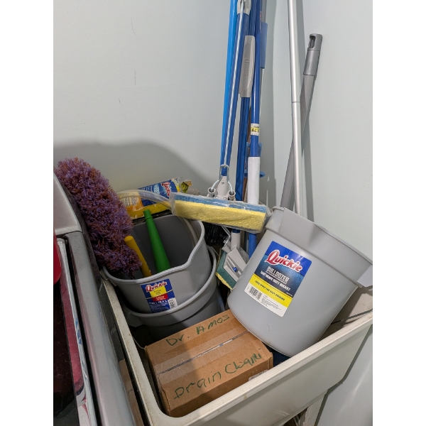 3 New Quickee Buckets, New Large Mop Bucket, Swiffer & Pads, Duster, Case Of Dr.Amos Drain Cleaner, 