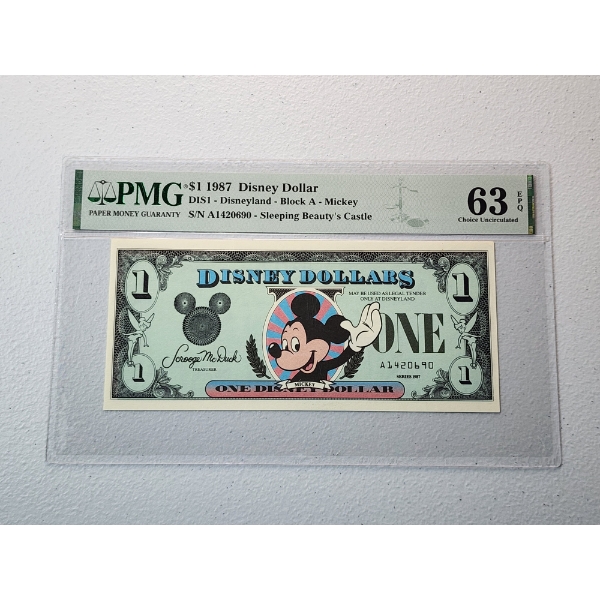 RARE! 1987 $1 Disney Dollar Sleeping Beauty's Castle - Graded by PMG 63 Choice Uncirculated EPQ