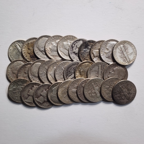 $3.00 Face Value in Assorted 90% Silver United States Dimes Ft. Mercury & Roosevelt Dimes