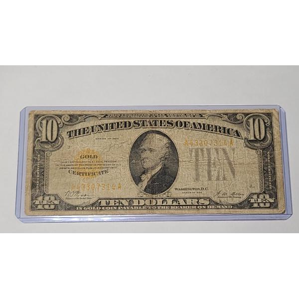 Series 1928 $10 United States Yellow Seal Gold Certificate With Woods & Mellon Signatures - FV: $10
