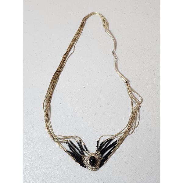 Stunning Vintage Sterling Silver Native-Style Liquid Silver ~26" Necklace w/ Black Stone - TW: 33.5g