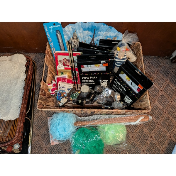Awesome Basket With New Party Picks, Fan, New Shower Scrubbies, Chop Sticks, Candles & More