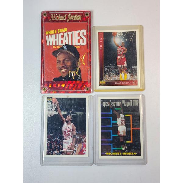 4 - Michael Jordan Trading Cards Including 1990's Wheaties Promotional Card in Nice Holder