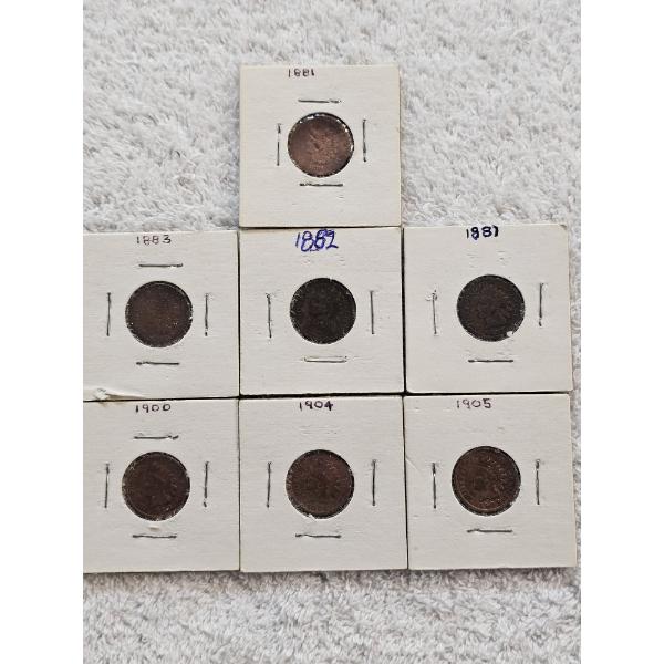 Seven United States Indian Head Pennies Stored in Protective Cardboard Coin Flips - AFV $.07