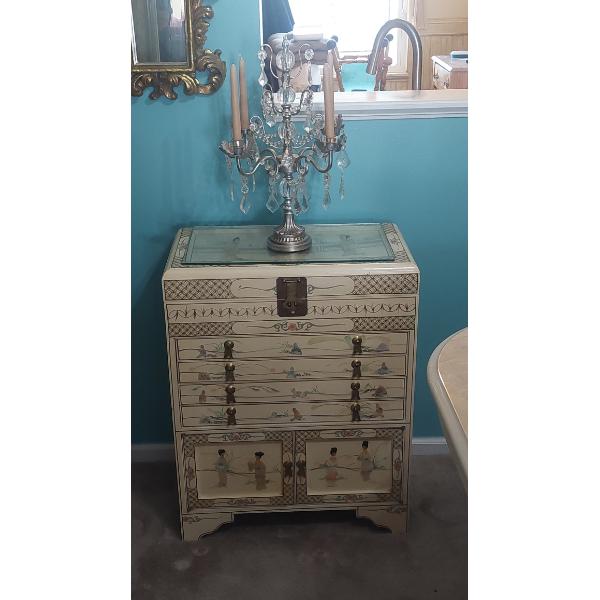 Elegant Oriental Themed Carved Laquered Flatware / China Cabinet