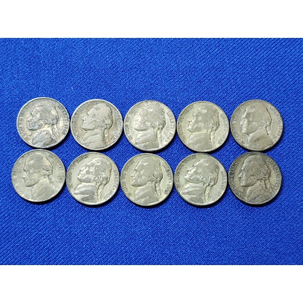 x10 Assorted Years Jefferson Wartime Nickels FV: $0.50