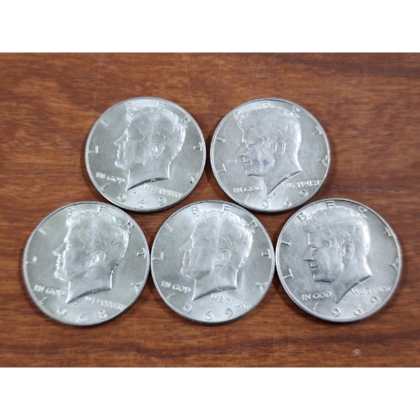 Five 40% Silver Kennedy Half Dollars in Brilliant Condition