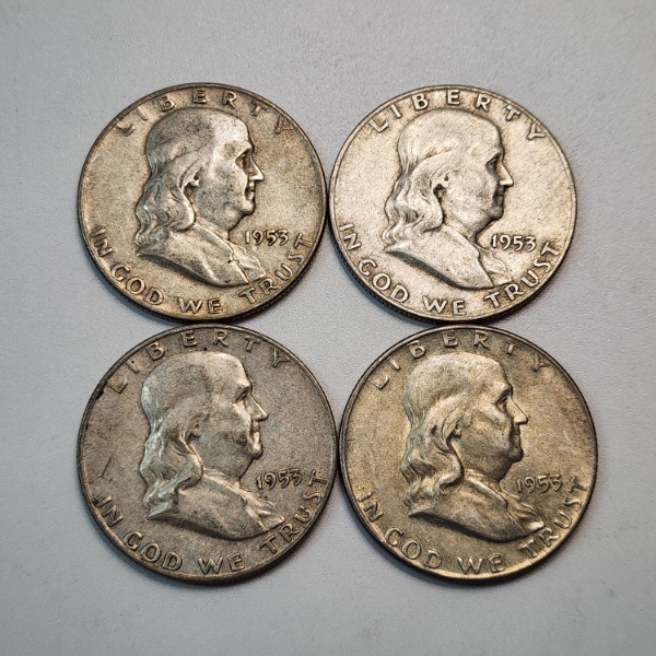 Four 1953-D United States 90% Silver Franklin Half Dollars - FV: $2.00