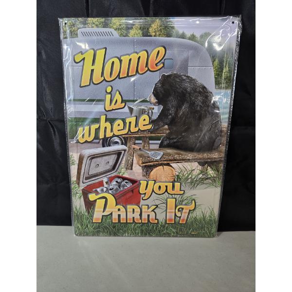 "Home Is Where You Park It" Camping Theme Metal Hanging Sign - Brand New - Approx. 1ft x 1.5ft
