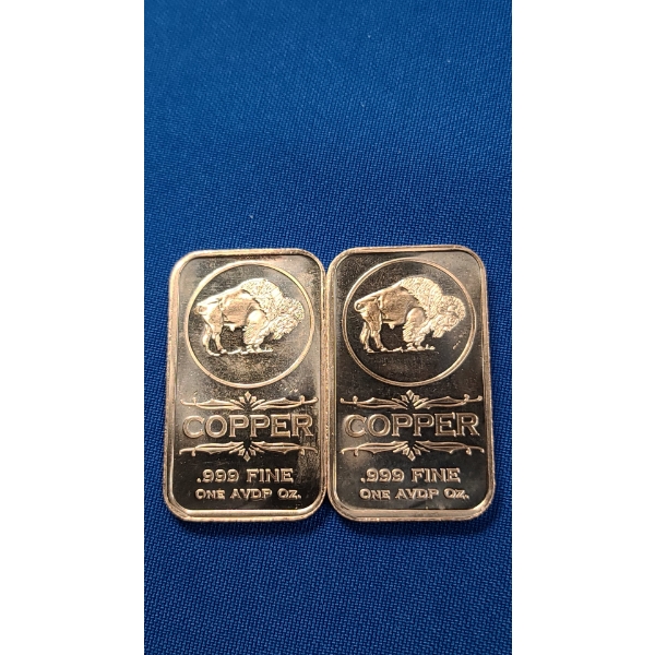 (2) 1 ADVP oz .999 Fine Copper Bars With Buffalo Motif