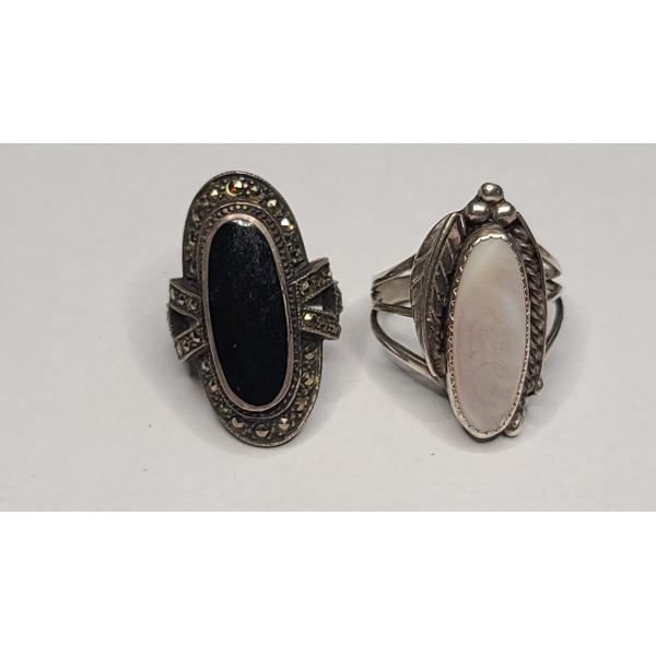 (2) Sterling Silver Rings - Black Onyx Size 5 & Mother Of Pearl Inlay Size 9.5 - Weight: 11.6g