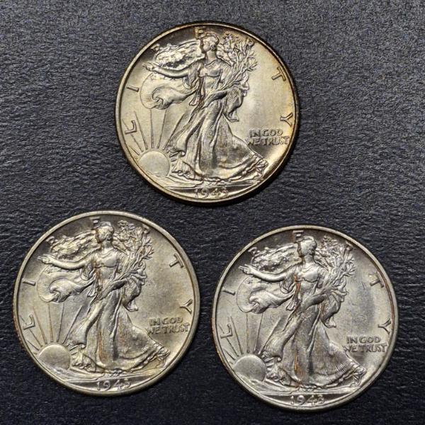 3 Pcs - 1943 P / 1943 D / 1943 S  Walking Liberty Half Dollars - High Grade - See Pics